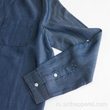 Женская свободная рубашка из темно-синего денима с длинными рукавами из тенсела